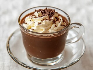 A cup of classic hot chocolate with whipped cream and chocolate chips