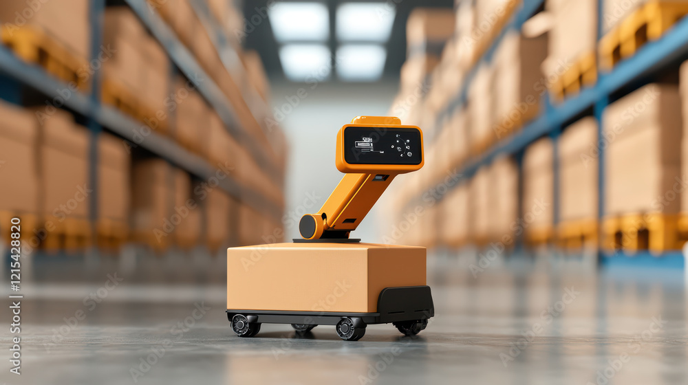 Poster autonomous warehouse robot navigating through storage area with boxes