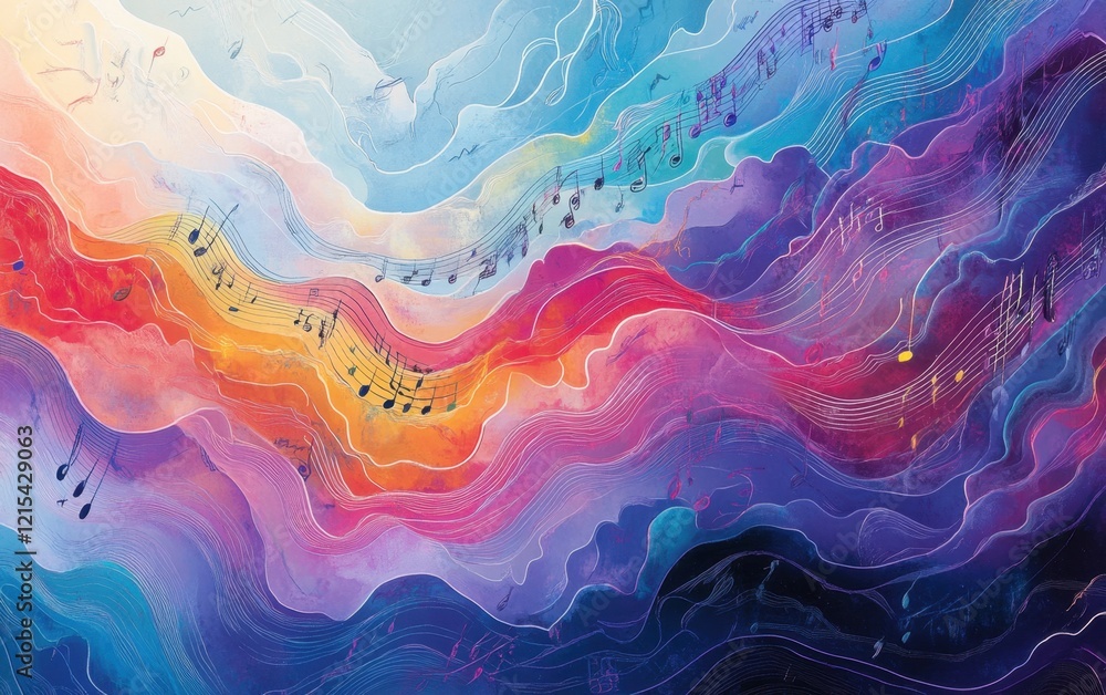 Poster a colorful background with musical notes and waves of sound, representing the theme generative ai