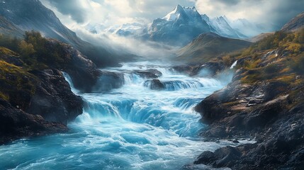 Obraz premium Majestic Waterfalls Cascading Through Rugged Mountain Landscape