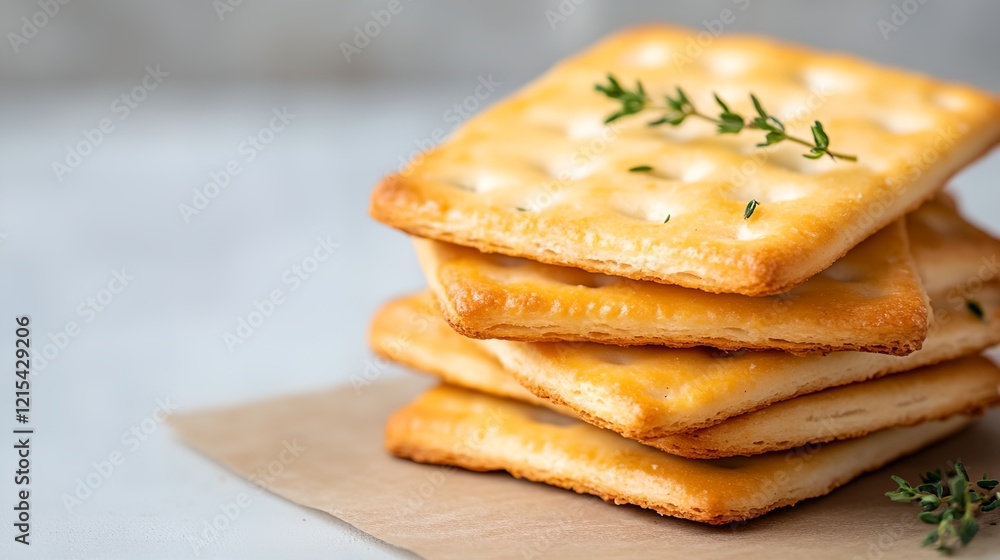 Poster stack of crackers with a sprig of thyme on top