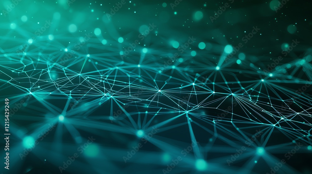 Poster abstract digital connections with glowing nodes and lines against a dark background, creating a netw