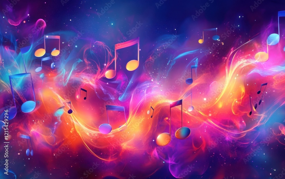 Poster vibrant musical notes dancing across an abstract background, creating a dynamic and colorful musical