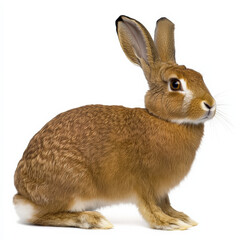 Obraz premium Brown rabbit, sitting, facing right, isolated on white.