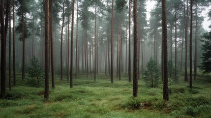 Fototapeta premium Tall pine trees rise through the mist in a peaceful forest, their uniform trunks creating a sense of quiet symmetry and natural beauty.