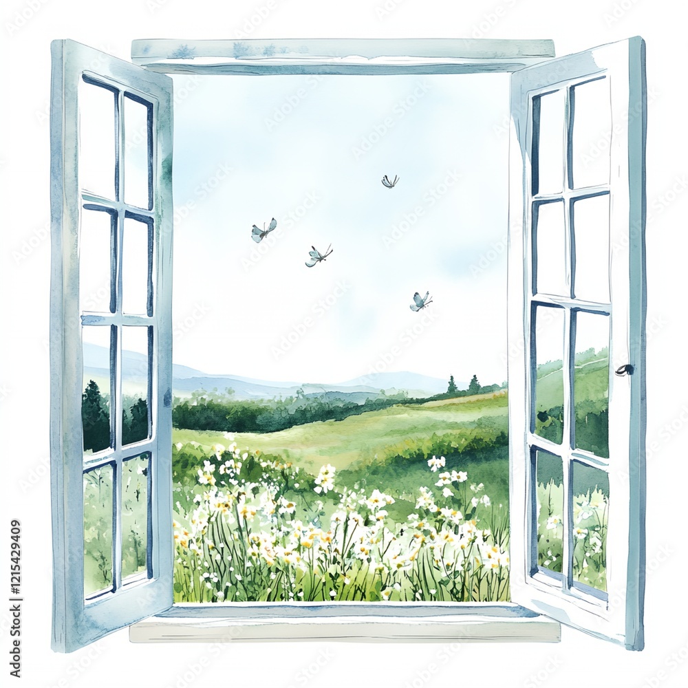 Poster window with a view of a field with a few birds flying in the sky