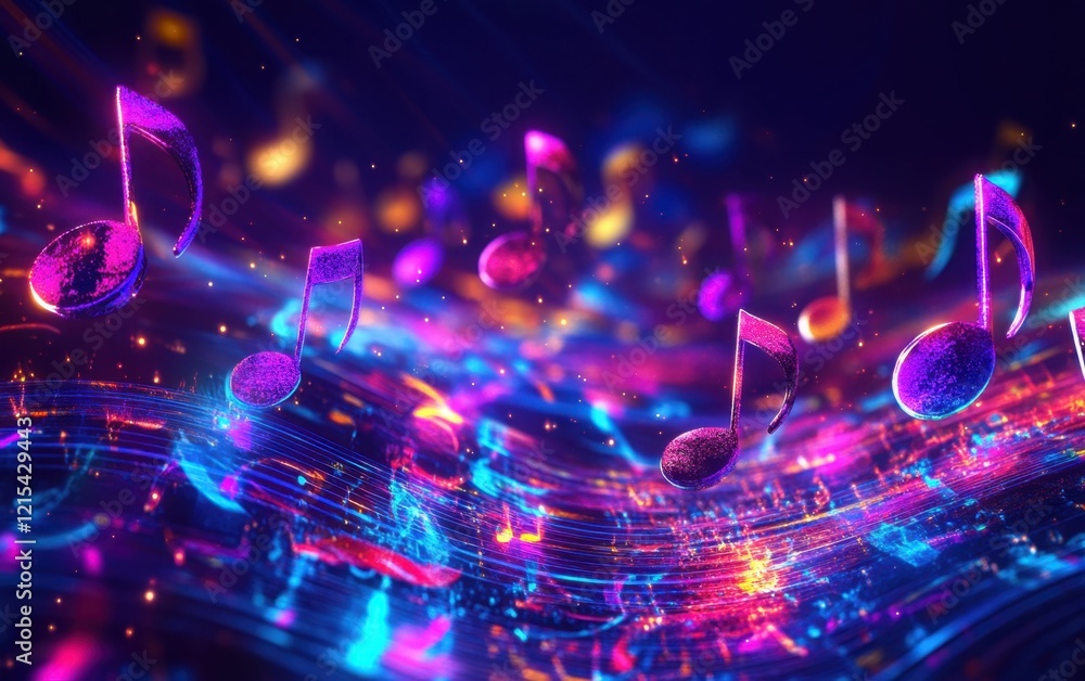 Poster vibrant music notes background with copy space, colorful musical elements and waves of sound generat