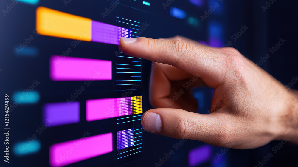 Poster interactive data visualization with hand touching digital screen