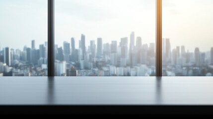 A modern office desk with a wide city skyline view through large windows, showcasing a blend of urban buildings and a bright sky. Ideal setting for professional work environments.