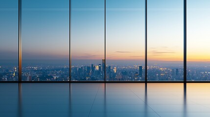 Fototapeta premium Stunning urban skyline view through large glass windows at sunset, offering a panoramic vista of city lights and colorful sky, perfect for architectural inspiration and modern deco
