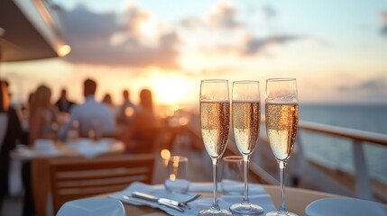 Three elegant champagne flutes filled with sparkling wine, set against a beautiful sunset view on a cruise ship deck. A romantic atmosphere for celebration and relaxation.