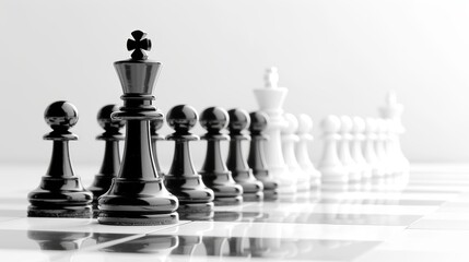 Black chess king facing white pawns on a white background  a strategy and competition symbol