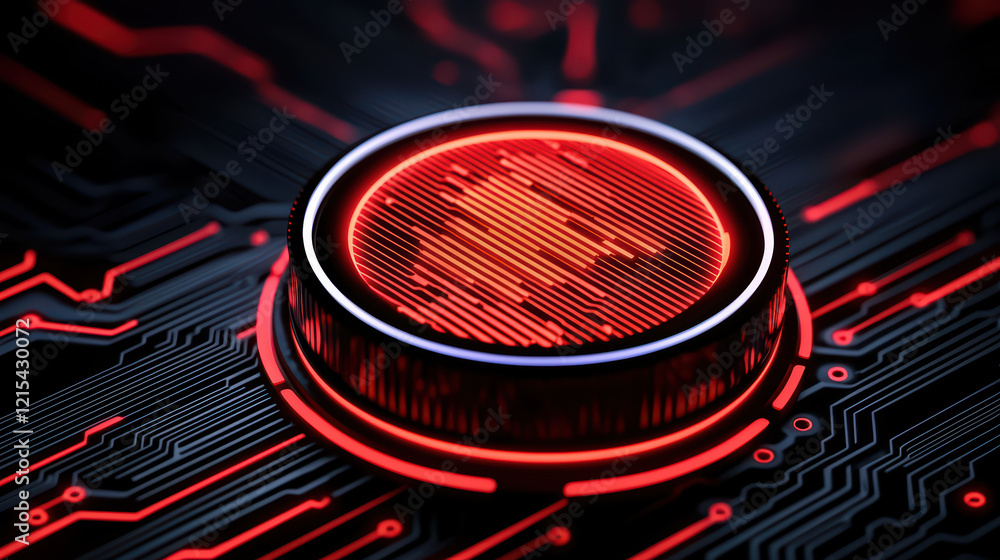 Poster futuristic circuit design with glowing red emblem and intricate patterns