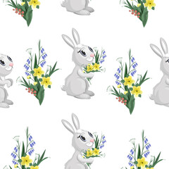 Seamless pattern of grey hares with a bouquet of wildflowers on a white background.Vector pattern for children's textiles, paper,wallpaper,and holiday designs.