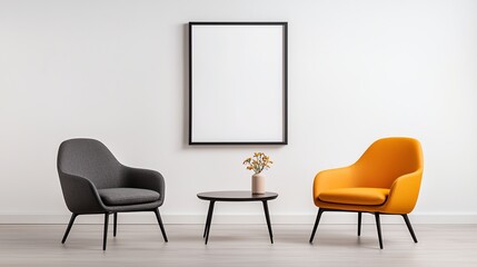 Stylish living room setup featuring a gray chair and an orange chair beside a round table with a vase of flowers, ideal for modern home decor inspiration.