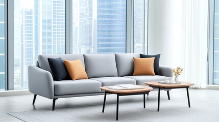 Modern living room featuring a stylish gray sofa with orange pillows, wooden tables, and large windows overlooking a city skyline.