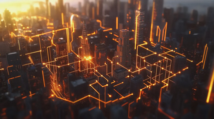 Smart digital Innovation city with connection network reciprocity over the twilight cityscape. of future smart wireless digital city and social media networking systems that connects people with city