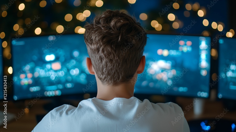 Aufkleber man is sitting in front of a computer monitor