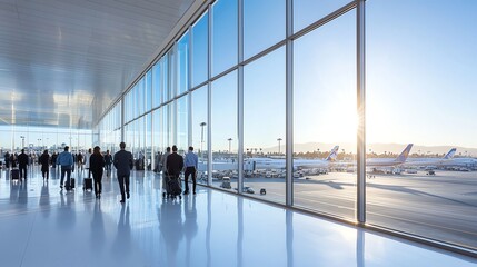Passengers with luggage walking through a modern airport terminal, illuminated by bright sunlight streaming through large windows, showcasing airplanes in the background.