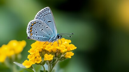 Blue butterfly is sitting on a yellow flower