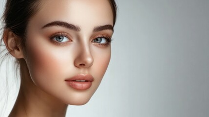 Fototapeta premium Close-up Portrait of a Young Woman with Subtle Makeup