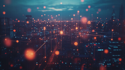 Obraz premium Smart digital Innovation city with connection network reciprocity over the twilight cityscape. of future smart wireless digital city and social media networking systems that connects people with city