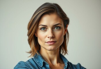 Obraz premium Strong woman portrait with determined expression and neutral background