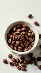 Whiteness of coffee beans scattered in a ceramic bowl, grainy, ceramic, brown