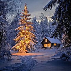 Fototapeta premium winter scenery, forest in the snow and a small cozy house on Christmas day
