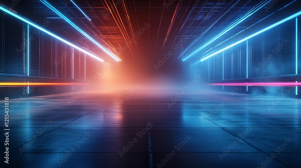 Poster futuristic corridor with vibrant neon lights creating a dynamic atmosphere. ideal for tech-related v
