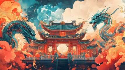 Obraz premium Majestic Dragon Guarding Celestial Oriental Palace in Mystical Fantasy Landscape