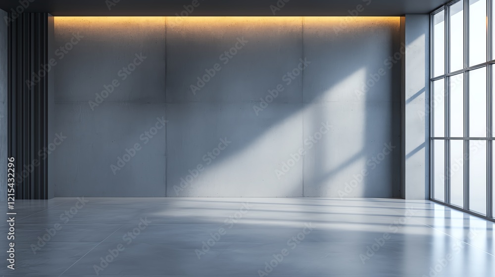 Poster modern, spacious interior room with concrete walls and large windows. diffused light creates a seren