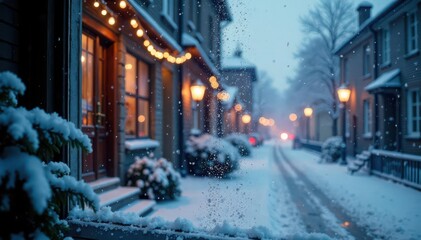 Frosty windowpane reflects twinkling fairy lights, wintry scene, winter scenery, frosty exterior