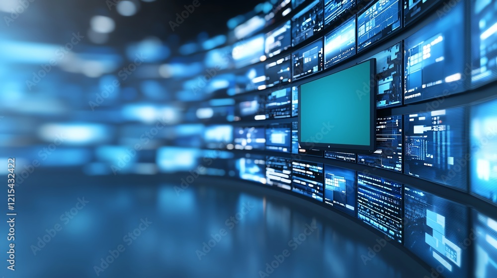 Poster futuristic digital display with multiple screens showing data, ideal for conceptualizing technology 