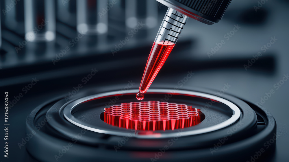 Poster pipette dispensing red liquid into microplate, showcasing precision in science