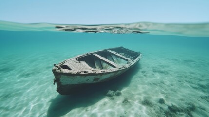 Fototapeta premium A weathered wooden boat lies half-submerged in crystal-clear waters, evoking stories of the past beneath the vast sky.