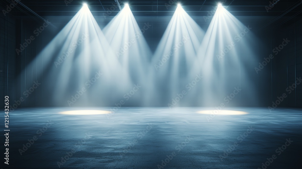 Poster a dramatic scene illuminated by multiple beams of light from above, creating an atmospheric effect o