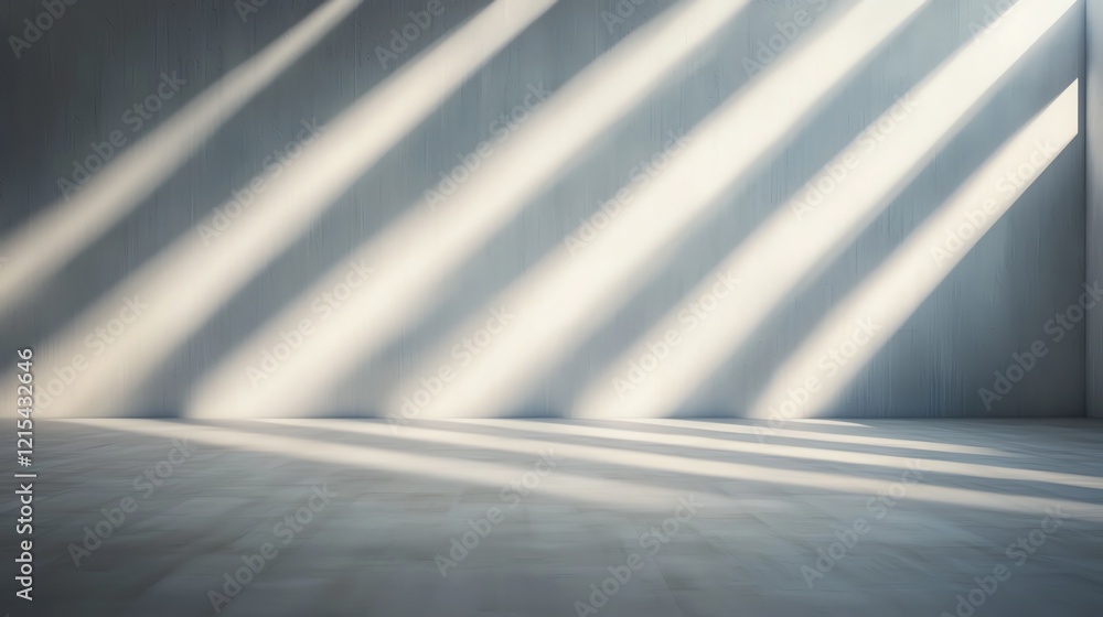 Poster a modern empty room with soft light rays streaming through the walls, creating a serene atmosphere p