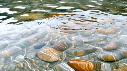 Crystal-clear water flows over smooth stones, creating mesmerizing ripples and showcasing nature's pure beauty and simplicity.