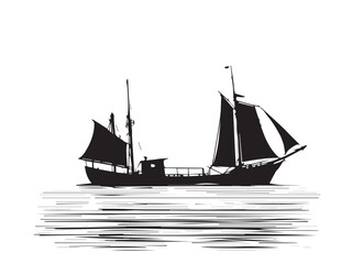 Boat black silhouette is isolated on a white background. Boat icon. Boat vector illustration. 