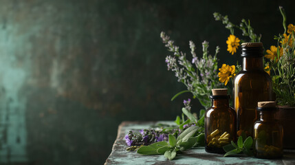 Close-Up View of Ayurvedic Medicine Bottles and Fresh Herbs Displayed on a Rustic Table, with Generous Empty Space on the Right for Text