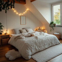 Cozy bedroom with soft lighting and natural decor