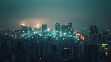 Obraz premium Smart digital Innovation city with connection network reciprocity over the twilight cityscape. of future smart wireless digital city and social media networking systems that connects people with city