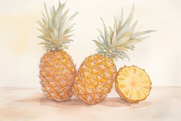 Watercolor Painting of Two Pineapples and a Slice