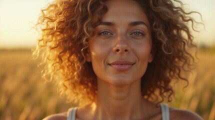 Fototapeta premium Serene Woman with Radiant Skin and Natural Curly Hair in Gentle Sunlight