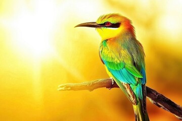Obraz premium A rainbow bee-eater perched on a branch, its iridescent feathers catching the sunlight in Kakadu National Park