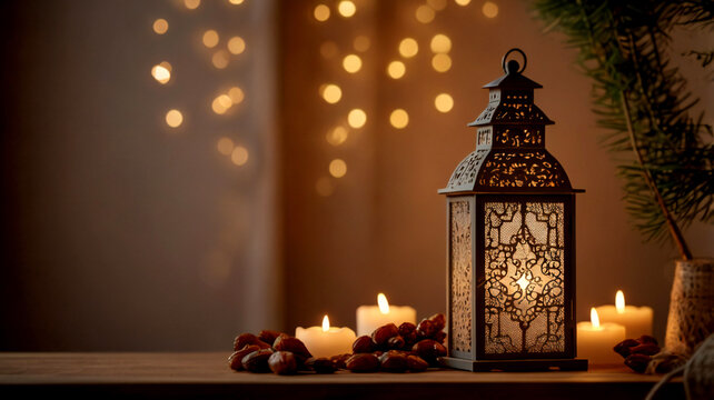 Ramadan lantern with Arabian lamp, dates fruit and sparkling golden. Concept of iftar