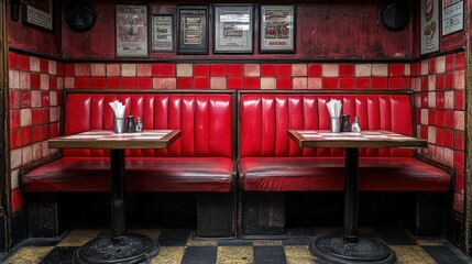 Empty retro diner booth, red seats, checkered floor, vintage posters
