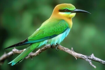 Obraz premium A rainbow bee-eater perched on a branch, its iridescent feathers catching the sunlight in Kakadu National Park