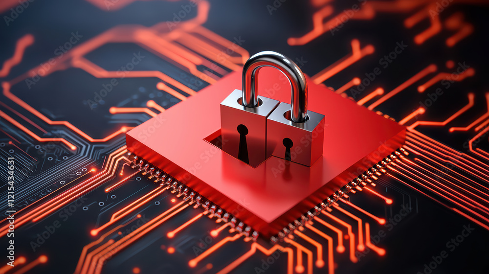 Poster digital padlock on circuit board symbolizes cybersecurity and encryption